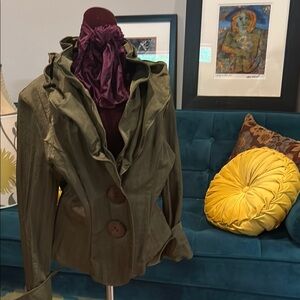 Olive Green Women's Jacket with Ruffle Collar #24